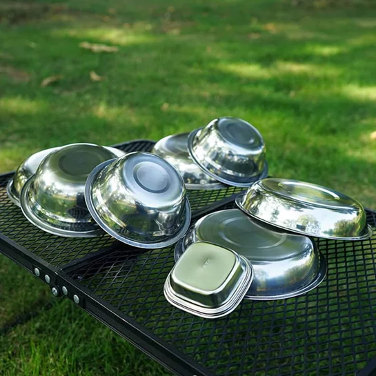 不鏽鋼露營餐盤組17件套-碗/盤(附收納袋)